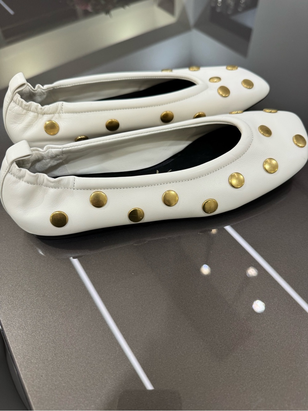 3.1 Phillip Lim White Leather Studded Ballet Flats with Gold Accents - Picture 3 of 3